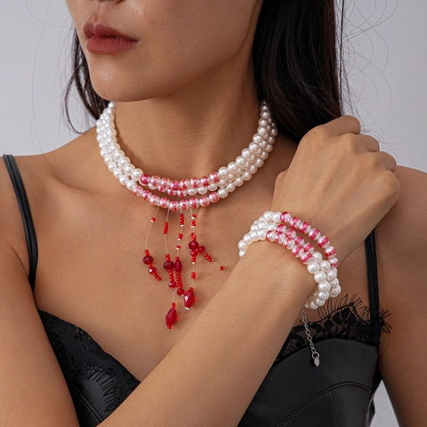 Vintage Multi Layer Faux Artificial Pearl Necklace And Bracelet With Red Glass Bead Tassels Elegant Jewelry For Women