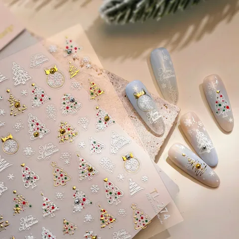 Christmas Nail Art Stickers 5D Embossed White Gold Snowflakes Tree DIY Manicure Festive Holiday Decoration
