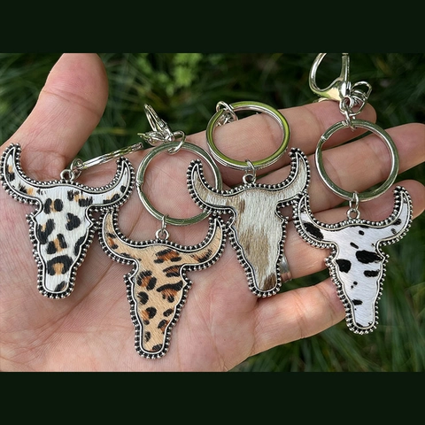 Bull Head Keychain Alloy Genuine Leather Leopard Cow Print Western Bohemian Bag Charm Vintage Pendant For Women Men