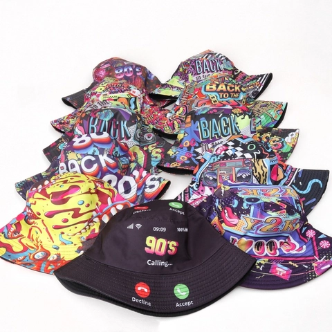Cappello Da Pescatore Retro Stampa 80s 90s Y2K Reversibile Poliestere Protezione Solare Pieghevole Streetwear Unisex