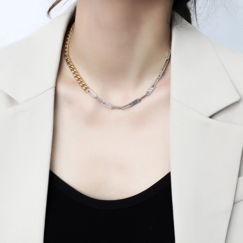 Stainless Steel Asymmetric Chain Necklace Two Tone Gold Silver Cuban Link Paperclip Stitching For Women Fashion Jewelry