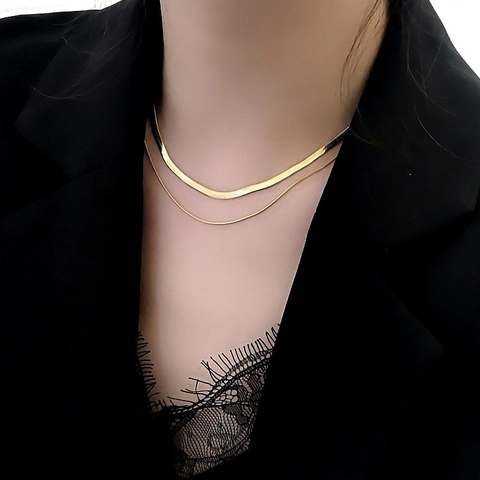 Collar De Doble Capa Chapado En Oro De 18K Acero Inoxidable 316L Cadena De Serpiente Plana Corazón Mujer