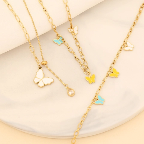 Fashion Stainless Steel Jewelry With Colorful Enamel Butterfly Pendants And Zircon Charms Necklace Bracelet