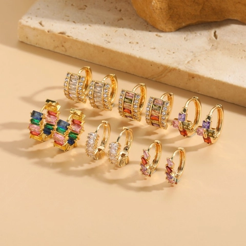 Colorful Zircon Huggie Hoop Earrings 14K Gold Plated Copper Geometric Lightweight Luxury Ins Style For Women