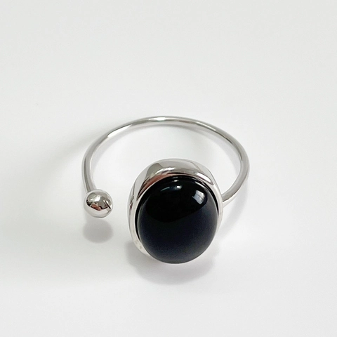 925 Sterling Silver Ring With Oval Black Agate Vintage Punk Style Adjustable Open Band Jewelry For Women Men