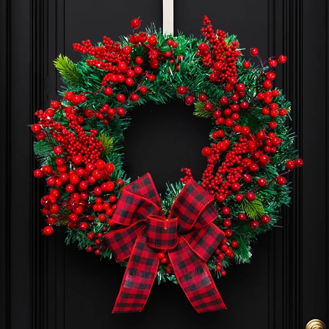 Ghirlanda Di Natale Artificiale Bacche Rosse Fiocco A Quadretti Ghirlanda Di Pini Rustica Per Decorazione Porta E Parete