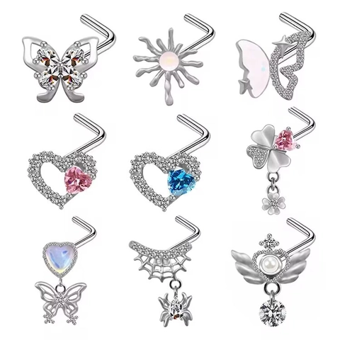 Edelstahl Kupfer Strass Nasenstecker Für Damen Herren Herz Spinne Schmetterling Stern Mond L-Förmiger Piercing Körperschmuck