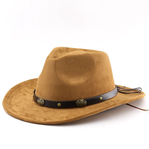 Sombrero De Vaquero Western Vintage Gamuza Fieltro Ala Ancha Fedora Banda De Cuero Concho Metálico Para Viajes Al Aire Libre Festival