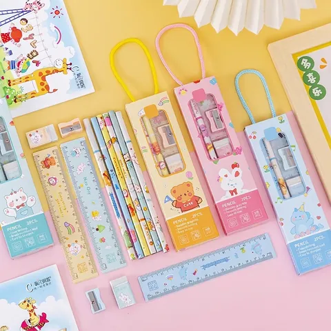 Cartoon Stationery Kit For Kids School Rewards Featuring HB Pencils Ruler Eraser And Sharpener Portable Cute Student Gift
