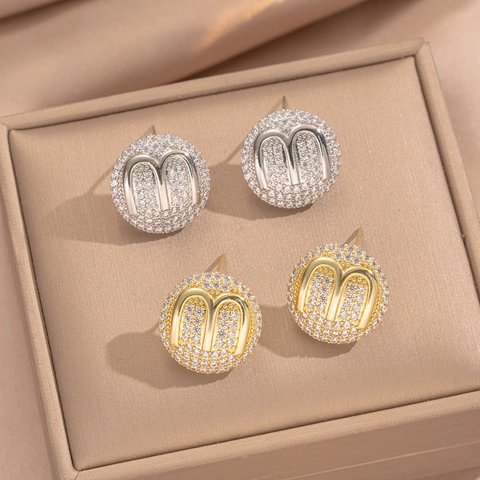 Round Letter M Stud Earrings Copper Plated 18K Gold Micro Pave Cubic Zirconia Elegant Minimalist Jewelry For Women