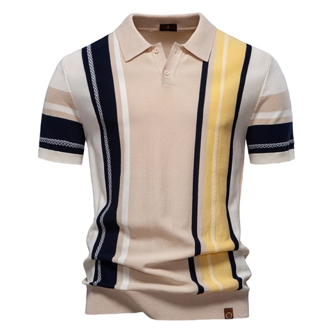 Polo En Maille Pour Hommes Rayé Jacquard Manches Courtes Mélange Viscose Décontracté Rétro Respirant Haut Été