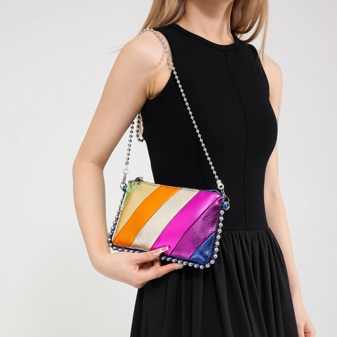 Women Rainbow Metallic Striped Crossbody Bag Colorful PU Leather Small Square Shoulder Bag With Silver Ball Chain Y2K Trendy