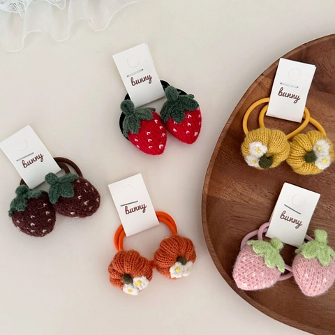 Knitted Strawberry Pumpkin Hair Ties For Kids Toddler Baby Girls Crochet Fruit Flower Style Ponytail Holders
