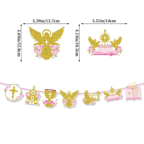 Holy Communion Banner Glitter Gold Paper Angel Cross Garland For Baptism Christening Religious Party Decoration