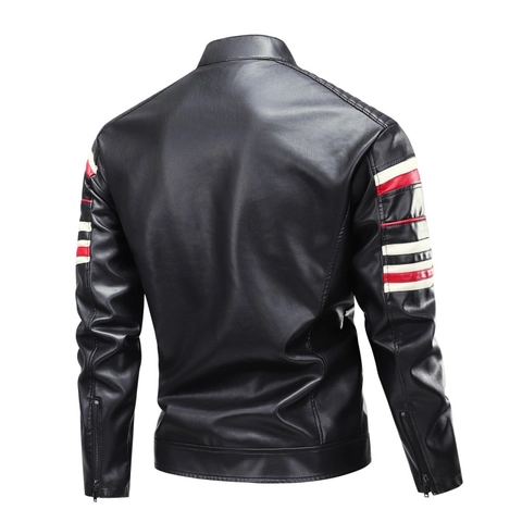 Herren Motorrad PU Lederjacke Color Block Racing Style Stehkragen Reißverschluss Casual Outerwear Vintage Moto Biker Mantel