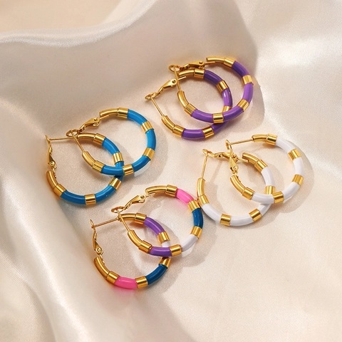 Créoles En Acier Inoxydable Avec Émail Coloré Goutte D'huile Plaqué Or 18K Segment Bambou Géométrique Rond Femme