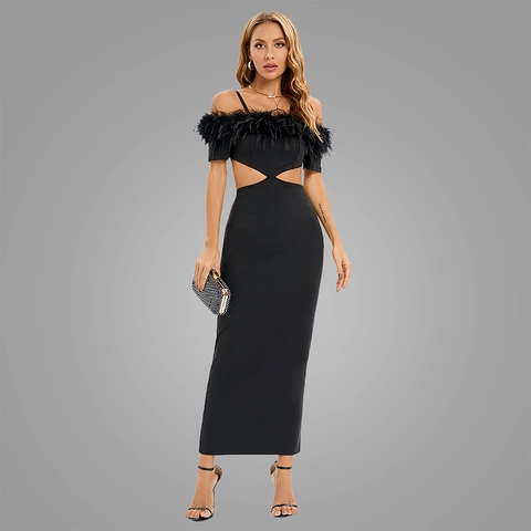 Off Shoulder Polyester Feather Trim Maxi Dress Sexy Waist Cutout Bodycon Evening Party Elegant High Waist