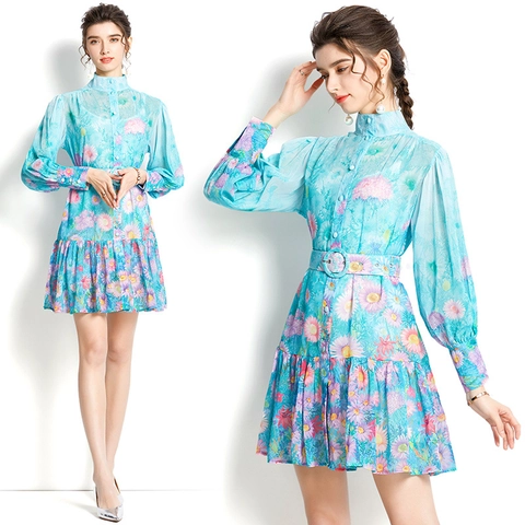 Damen Mini Kleid Mit Blumendruck Eleganter Stehkragen Lange Laternenärmel Chiffon Kurz A-Linie Kleid Mit Gürtel