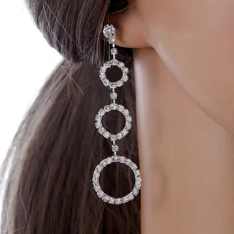 Triple Graduated Circle Drop Earrings Copper With Sparkling Clear Rhinestones Elegant Linked Round Dangle Jewelry For Women