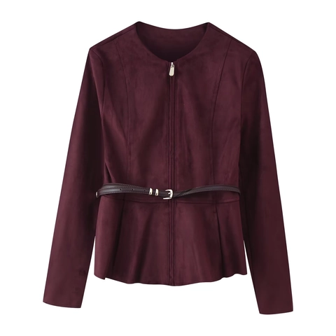 Women Suede Jacket Peplum Hem Round Neck Long Sleeve Zipper Coat With Belt Solid Color Elegant Casual Streetwear