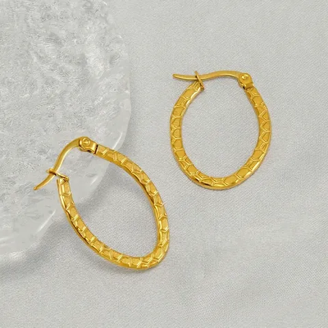 18K Gold Plated Stainless Steel Oval Hoop Earrings For Women Honeycomb Texture Hexagon Geometric Pattern Ins Style