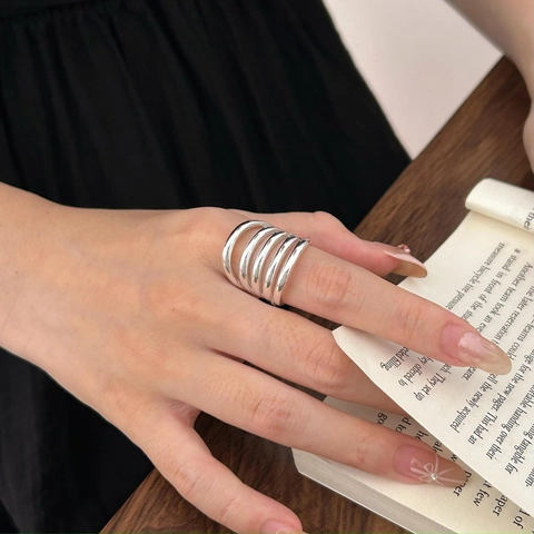 925 Sterling Zilveren Ring Brede Band Meerlaags Geometrisch Minimalistisch Verstelbaar Vingerjuwelen