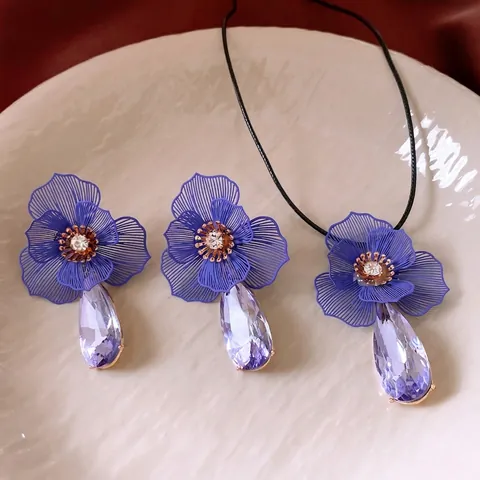 Elegante Collana E Orecchini Con Ciondolo A Fiore Cristallo Di Vetro A Goccia D'Acqua Viola Perno Per Orecchini In Argento Gioielli In Lega