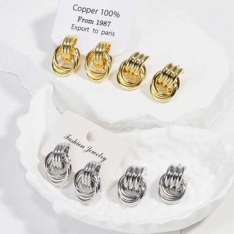 Retro Geometric Interlocking Circles Hoop Stud Earrings Pure Copper Multi-Ring Textured Ribbed Knot Fashion Jewelry For Women