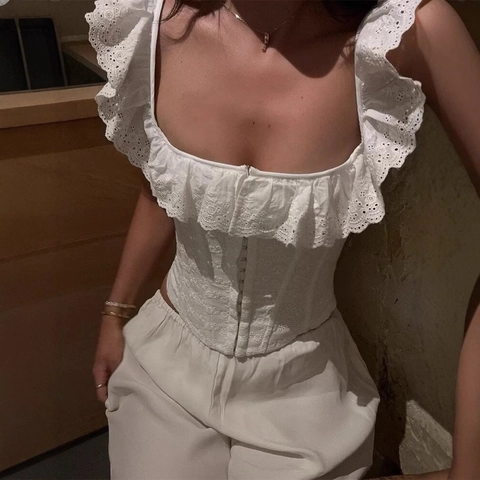 Women White Lace Corset Top Ruffle Square Neck Eyelet Embroidery Hook Eye Front Back Lace Up Sweet French Slim Fit