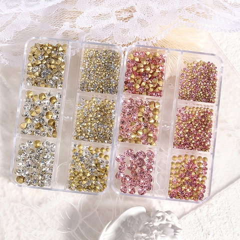 Nail Art Rhinestones Glass Pointed Bottom Diamonds For DIY Manicure Decoration Mixed Sizes Six Grids Case