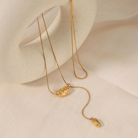 Stainless Steel Necklace Irregular Geometric Lava Bean Pendant Adjustable Snake Chain Minimalist Elegant Jewelry Women
