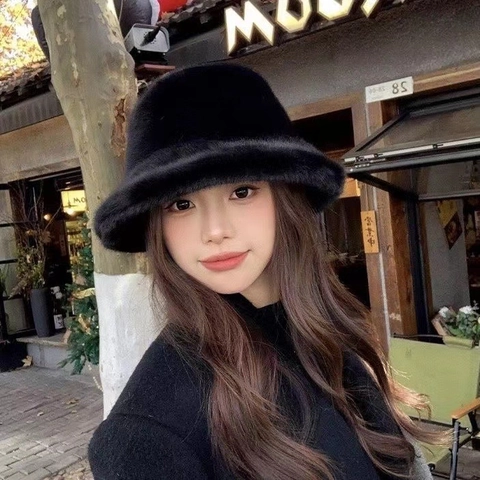 Women Rabbit Hair Bucket Hat Winter Warm Plush Fisherman Hat Thickened Soft Solid Color Outdoor Basin Hat Coldproof Cap