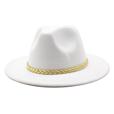 Wide Brim Fedora Hat Cotton Polyester Felt Classic Jazz Style Gold Braided Chain Band Unisex Vintage Formal Accessory