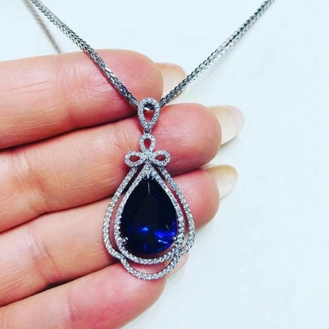 Elegant Pear Shape Blue Imitation Sapphire Pendant Necklace With Bowknot Copper Zircon Jewelry For Women