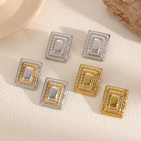 Orecchini A Lobo Geometrici Vintage Rettangolari Acciaio Inossidabile Placcato Oro 18K Triplo Strato Bordo Puntinato Donne