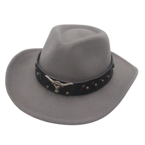Western Cowboy Hat Vintage Felt Fedora With Metallic Bull Head And Rivet Band Wide Brim Ethnic Style Men Women
