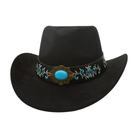 Chapeau De Cow-Boy De L'Ouest Suède Pierre Turquoise Broderie Florale Large Bord Style Ethnique Homme Femme