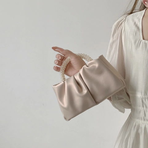 Sweet Girls Pearl Handbag Fashion Pleated Cloud Bag Pearlescent Mini Cell Phone Bag Chic PU Leather Purse