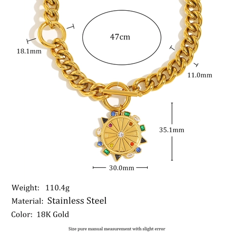 Compass Pendant Necklace 18K Gold Plated Stainless Steel Cuban Chain With Multi Color Zircon OT Clasp Retro Style Women