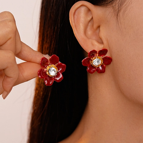 Red Enamel Flower Stud Earrings With Crystal Rhinestone And Silver Earring Post Vintage Elegant Jewelry For Women