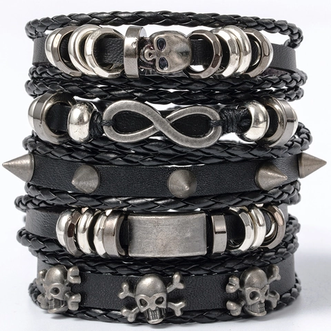 Vintage Punk Mens Multi-Layer Leather Bracelet Skull Star Alloy Pendant Gothic Wristband Jewelry Black Silver Style