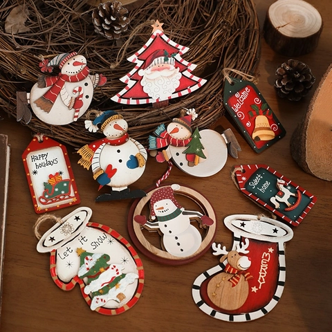 Christmas Hanging Ornaments Painted Wood Rustic Snowman Santa Reindeer Angel Decorations Holiday Tree Pendant Jute Rope