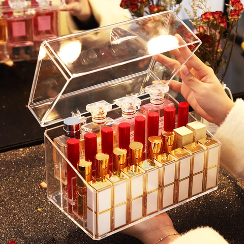 Transparente Acryl Lippenstift Aufbewahrungsbox Mit Staubdichtem Deckel Mehrfach Schlitz Desktop Make-up Organizer Für Den Schminktisch