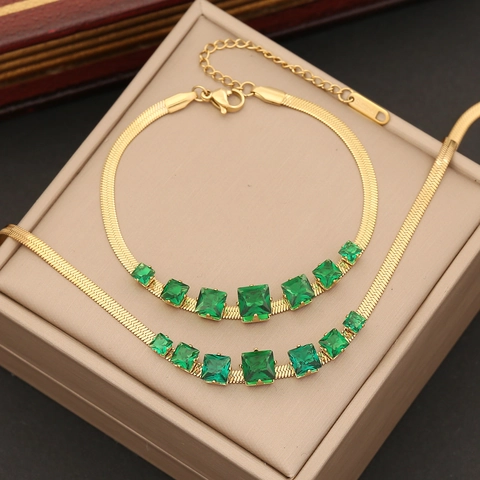 Collana Con Pietra Preziosa Quadrata Verde Smeraldo Acciaio Inossidabile Placcato Oro Catena Serpente Gioielli Eleganti