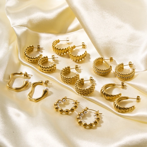Hoop Earrings For Women Gold Plated Stainless Steel Geometric Textured Twisted Croissant Artificial Pearl Rhinestone Fashion Jewelry