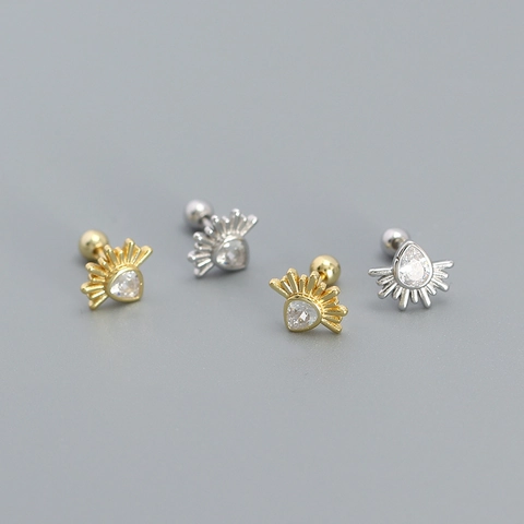 925 Sterling Silver Teardrop Zircon Stud Earrings Screw Back Cartilage Piercing Jewelry For Women Sunburst Design