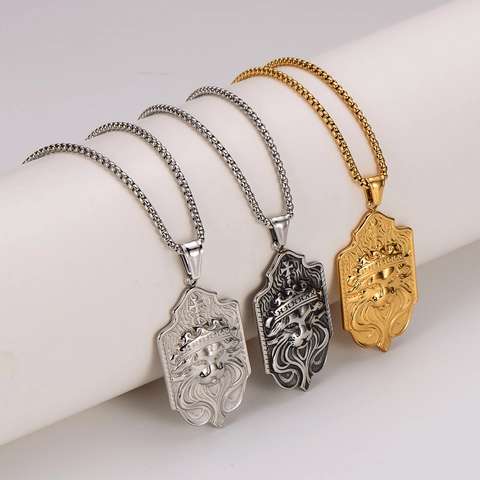 Collar Con Colgante De Cabeza De León De Acero Inoxidable 304 Retro Punk Hip Hop Corona Escudo Joyería Para Hombre