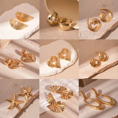Geometric Stud Drop Earrings Alloy Metallic Heart Starfish Spiral Wave Design With Silver Earring Post For Women