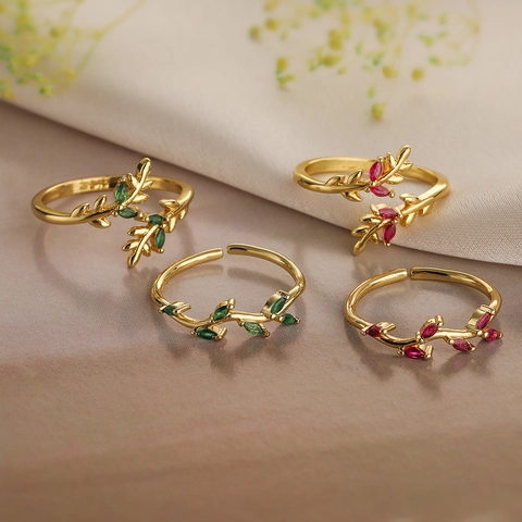 Branch Leaf Open Adjustable Ring Copper Gold Plated Marquise Zircon Minimalist Elegant Jewelry For Women
