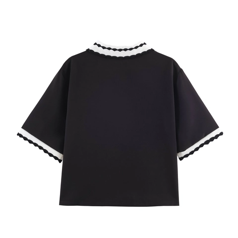 Polo Donna Colore A Contrasto Bordo Ondulato Manica Corta Con Bottoni Top Streetwear Casual Poliestere